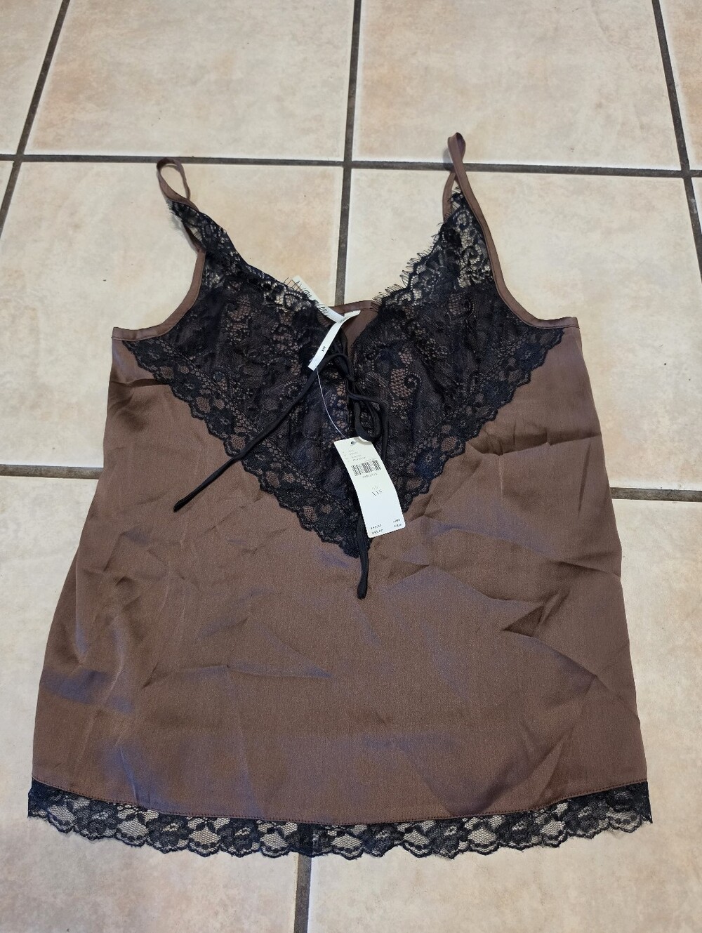 Anthropologie Brown Satin Camisole with Black Lace Trim
